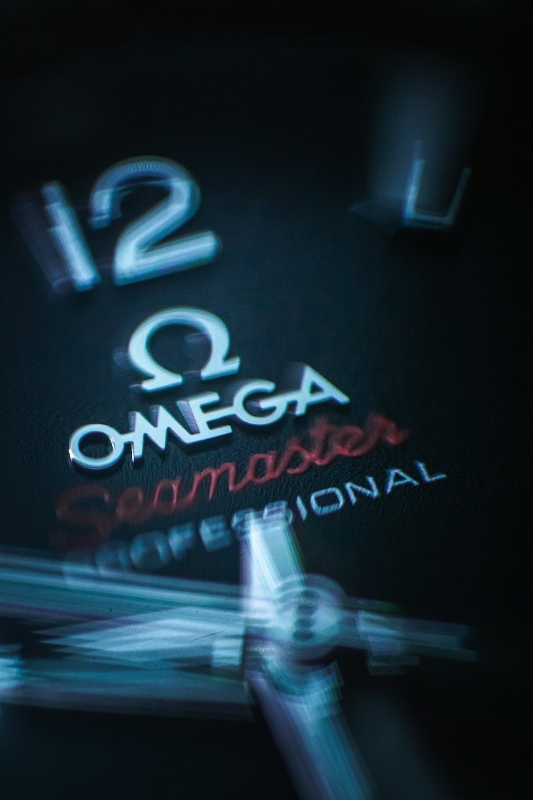 Close-up of an omega seamaster watch dial